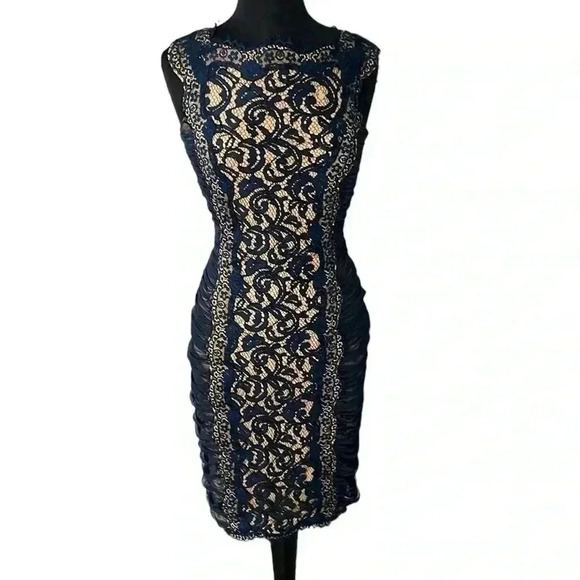 Tadashi Shoji Lace Overlay Sleeveless Navy Blue Tan Midi Dress Size 8 - Picture 1 of 6